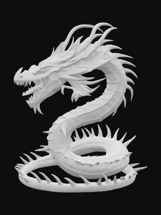 3D model for fantasy dragon's serpent, massive twisted spiny body, long spines all over the body, large head with a terrifying mouth with sharp teeth, terrifying look in eyes, wing-like protrusions behind the head, a spiny spike at the end of the tail, extremely detailed, high resolution texture, epic stance