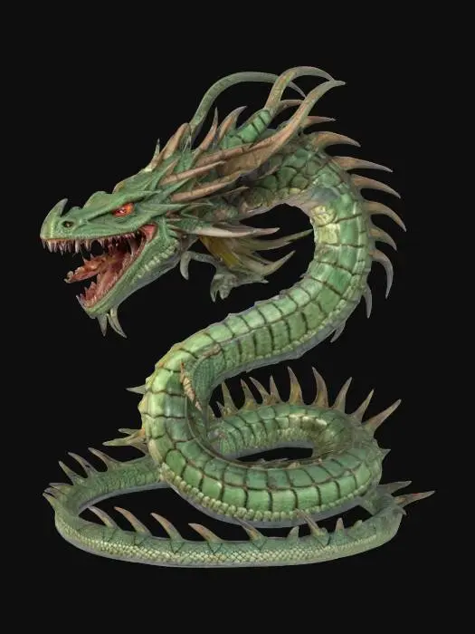 3D model for fantasy dragon's serpent, massive twisted spiny body, long spines all over the body, large head with a terrifying mouth with sharp teeth, terrifying look in eyes, wing-like protrusions behind the head, a spiny spike at the end of the tail, extremely detailed, high resolution texture, epic stance