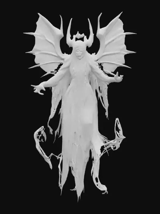 3D model for fantasy furious enraged banshee, whole body floating in the air, flowing transparent cloak, very long hair, detailed glowing face and eyes, in action, extremely detailed, high resolution texture, epic stance