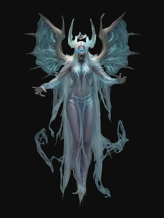 3D model for fantasy furious enraged banshee, whole body floating in the air, flowing transparent cloak, very long hair, detailed glowing face and eyes, in action, extremely detailed, high resolution texture, epic stance