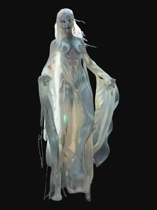 3D model for fantasy furious enraged banshee, whole body floating in the air, flowing transparent cloak, very long hair, detailed glowing face and eyes, in action, extremely detailed, high resolution texture, epic stance