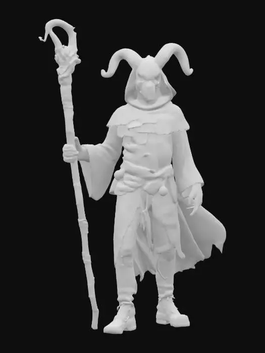 3D model for fantasy mythical forest magician, twisted and stooped body, dressed in a torn robe dotted with ancient symbols, body covered with polypore and mushrooms, on his head a mask made of the skull of an ancient creature, in one hand a magic staff on which he leans, dark glowing eyes, extremely detailed, high resolution texture, epic stance