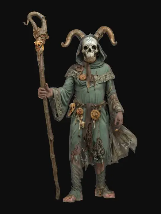 3D model for fantasy mythical forest magician, twisted and stooped body, dressed in a torn robe dotted with ancient symbols, body covered with polypore and mushrooms, on his head a mask made of the skull of an ancient creature, in one hand a magic staff on which he leans, dark glowing eyes, extremely detailed, high resolution texture, epic stance