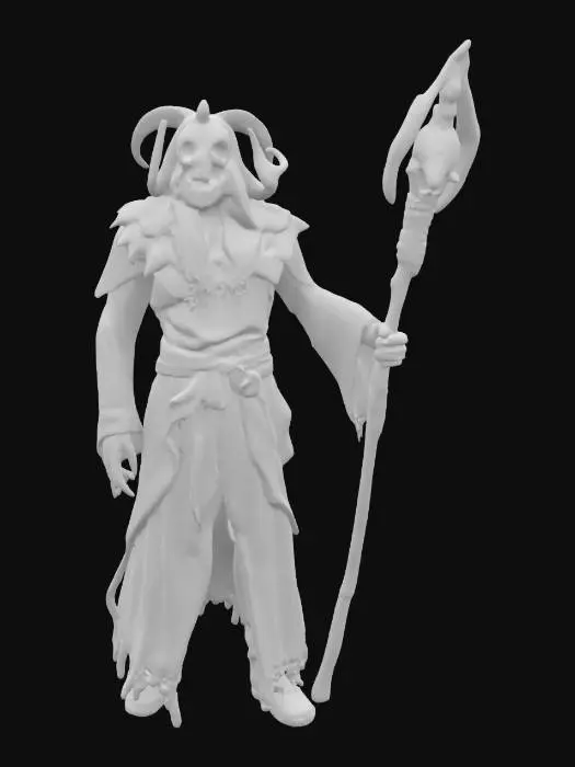 3D model for fantasy mythical forest magician, twisted and stooped body, dressed in a torn robe dotted with ancient symbols, body covered with polypore and mushrooms, on his head a mask made of the skull of an ancient creature, in one hand a magic staff on which he leans, dark glowing eyes, extremely detailed, high resolution texture, epic stance