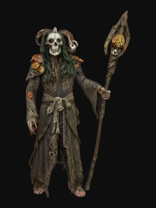 3D model for fantasy mythical forest magician, twisted and stooped body, dressed in a torn robe dotted with ancient symbols, body covered with polypore and mushrooms, on his head a mask made of the skull of an ancient creature, in one hand a magic staff on which he leans, dark glowing eyes, extremely detailed, high resolution texture, epic stance
