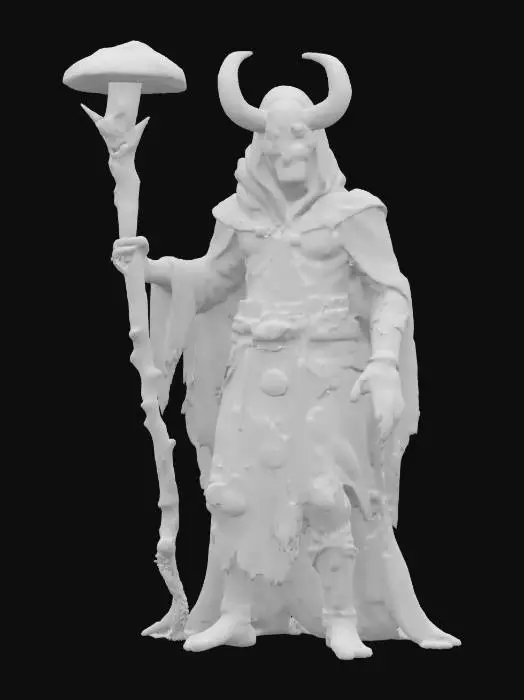 3D model for fantasy mythical forest magician, twisted and stooped body, dressed in a torn robe dotted with ancient symbols, body covered with polypore and mushrooms, on his head a mask made of the skull of an ancient creature, in one hand a magic staff on which he leans, dark glowing eyes, extremely detailed, high resolution texture, epic stance