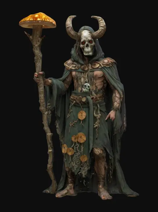 3D model for fantasy mythical forest magician, twisted and stooped body, dressed in a torn robe dotted with ancient symbols, body covered with polypore and mushrooms, on his head a mask made of the skull of an ancient creature, in one hand a magic staff on which he leans, dark glowing eyes, extremely detailed, high resolution texture, epic stance
