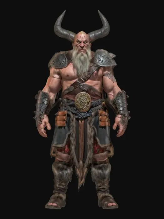 3D model for [Norway] fantasy viking demon warrior, massive body, long beard, dressed in leather armor, detailed grim expression on face, extremely detailed, high resolution texture, epic stance, #AroundTheWorld#