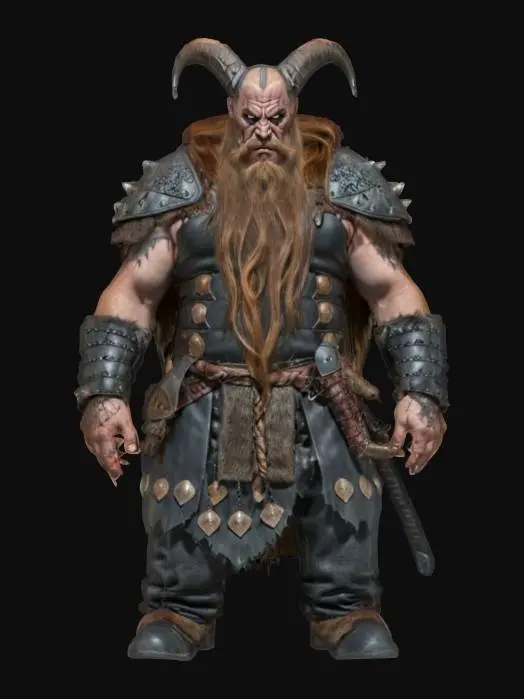 3D model for [Norway] fantasy viking demon warrior, massive body, long beard, dressed in leather armor, detailed grim expression on face, extremely detailed, high resolution texture, epic stance, #AroundTheWorld#