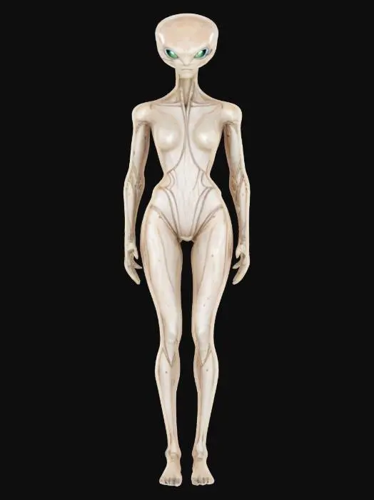 3D model for [New Mexico] alien intelligent humanoid creature, slender tall body, smooth silky skin, large head with large dark eyes, elegant and graceful features of the whole body, extremely detailed, high resolution texture, epic stance, #AroundTheWorld#