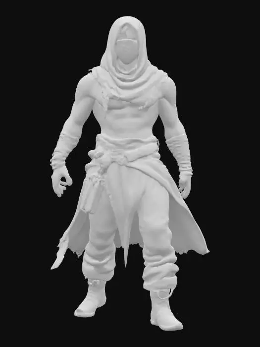 3D model for [Sahara] fantasy desert warrior, body slim and well-developed, body covered in torn clothes, rags of clothes fluttering all around in the wind, veiled face with high detail, extremely details, high resolution texture, epic stance, #AroundTheWorld#