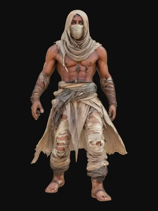 3D model for [Sahara] fantasy desert warrior, body slim and well-developed, body covered in torn clothes, rags of clothes fluttering all around in the wind, veiled face with high detail, extremely details, high resolution texture, epic stance, #AroundTheWorld#
