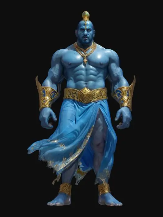 3D model for [Saudi Arabia] fantasy genie guardian of all treasures, massive muscular body formed like steam, lower body like steam coming out of one place, entire figure floating in the air, noble Arabian clothing, detailed indignant expression on face, extremely detailed, high resolution texture, epic stance, #AroundTheWorld#