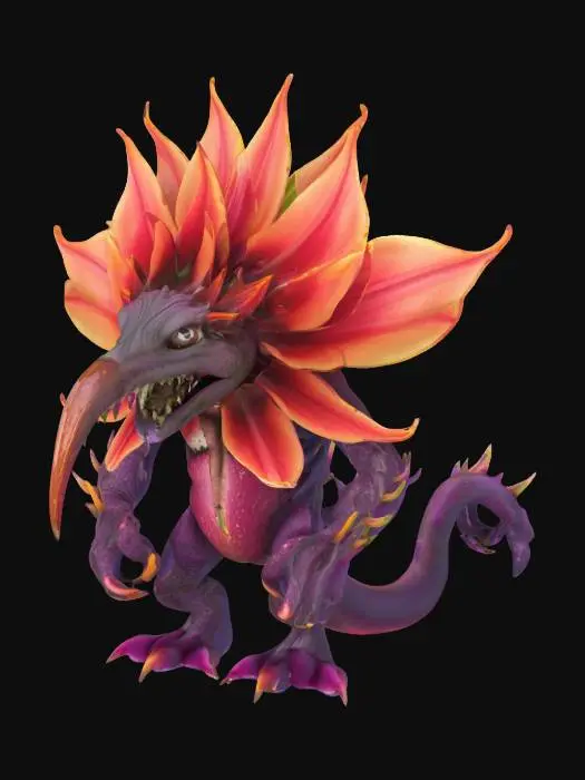 3D model for [Holland] extreme flower monster tulip, floating in the air, detailed flower, snout with fangs, extremely detailed, high resolution texture, epic stance, #AroundTheWorld#