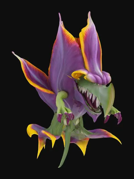 3D model for [Holland] extreme flower monster tulip, floating in the air, detailed flower, snout with fangs, extremely detailed, high resolution texture, epic stance, #AroundTheWorld#
