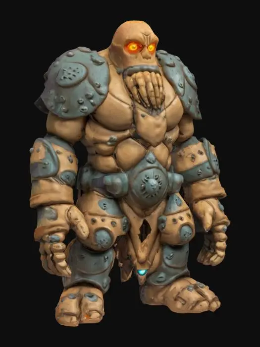 3D model for [Czech Republic] fantasy clay golem, massive stocky body, body surface made of baked clay, reinforced iron riveted plates on the back and belly, glowing eyes and fire inside the body, extremely detailed, high resolution texture, epic stance, #AroundTheWorld#