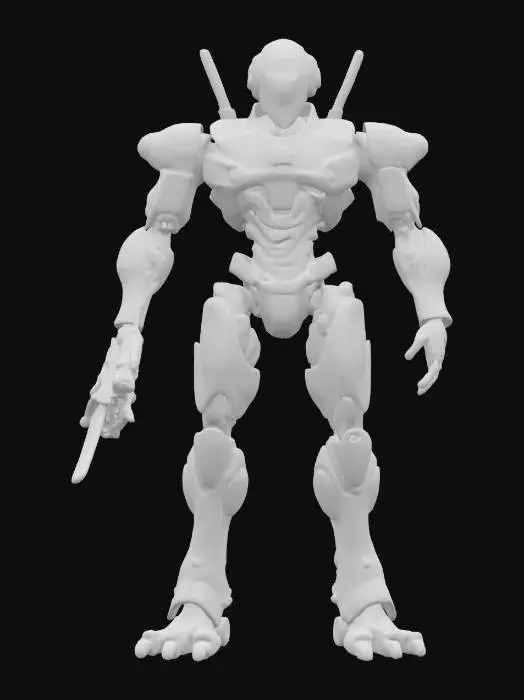 3D model for sci-fi utopian robotic monster, body consists of a single sphere with limbs, has a metal mask over his face, has various devices on his body, holds energy weapon in one hand, extremely detailed, high resolution texture, epic stance