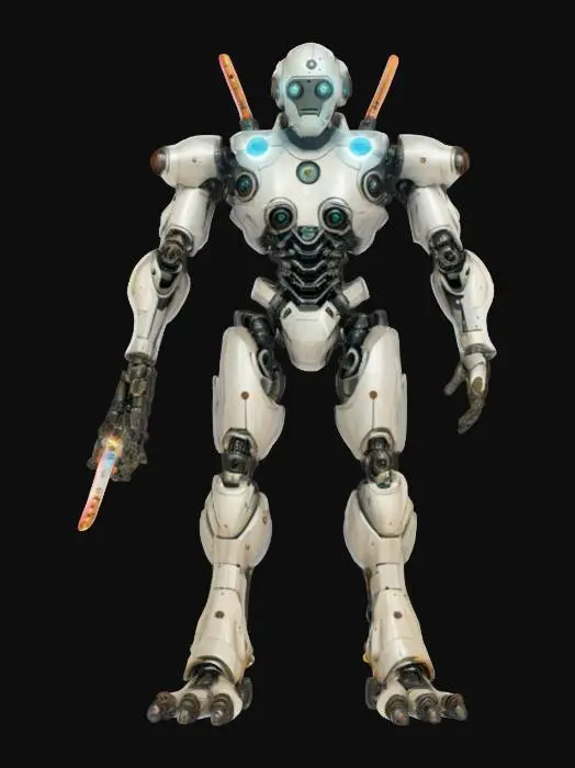 3D model for sci-fi utopian robotic monster, body consists of a single sphere with limbs, has a metal mask over his face, has various devices on his body, holds energy weapon in one hand, extremely detailed, high resolution texture, epic stance