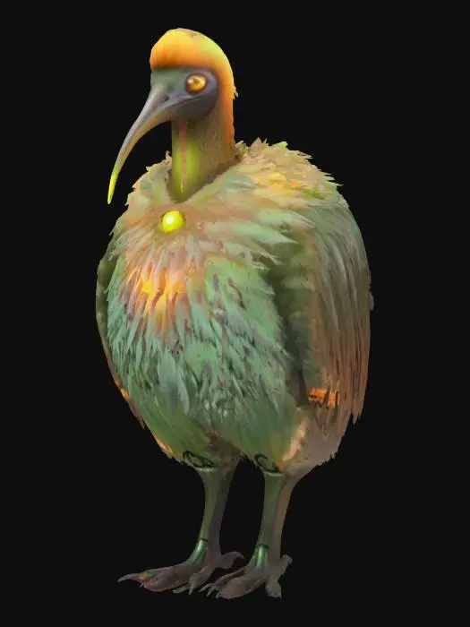 3D model for fantasy electronic humanoid kiwi, massive tall body, glowing energy all over the body, long fluffy feathers, detailed glowing big eyes, extremely detailed, high resolution texture, epic stance, #AroundTheWorld#
