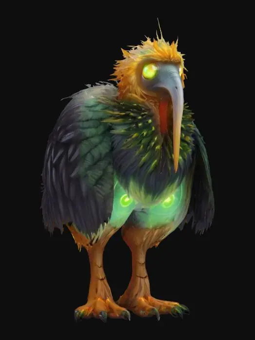 3D model for fantasy electronic humanoid kiwi, massive tall body, glowing energy all over the body, long fluffy feathers, detailed glowing big eyes, extremely detailed, high resolution texture, epic stance, #AroundTheWorld#