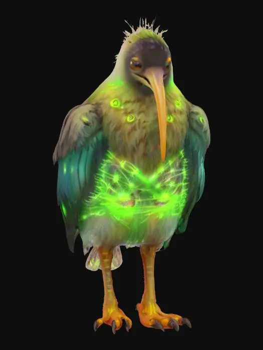 3D model for fantasy electronic scary kiwi, massive tall body, glowing energy all over the body, long fluffy feathers, detailed glowing big eyes, extremely detailed, high resolution texture, epic stance, #AroundTheWorld#