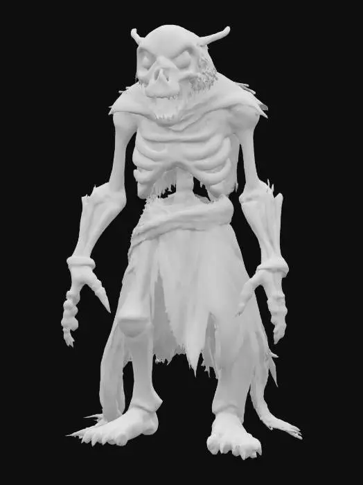 3D model for fantasy skeleton werewolf, massive bony body, body clad in torn robe, large scary head with glowing eyes, extremely detailed, high resolution texture, epic stance