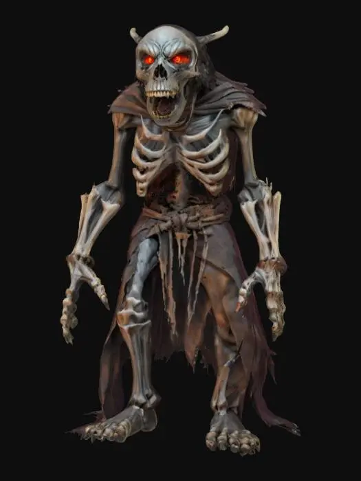 3D model for fantasy skeleton werewolf, massive bony body, body clad in torn robe, large scary head with glowing eyes, extremely detailed, high resolution texture, epic stance
