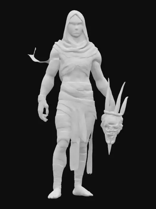 3D model for fantasy Egyptian mummy, thin body wrapped in bandages, fierce expression on face, arms stretched and reaching forward, in attack, ends of bandages fluttering around, may also have a mask or something in his hand, extremely details, high resolution texture, epic stance, #AroundTheWorld#