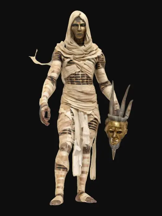 3D model for fantasy Egyptian mummy, thin body wrapped in bandages, fierce expression on face, arms stretched and reaching forward, in attack, ends of bandages fluttering around, may also have a mask or something in his hand, extremely details, high resolution texture, epic stance, #AroundTheWorld#