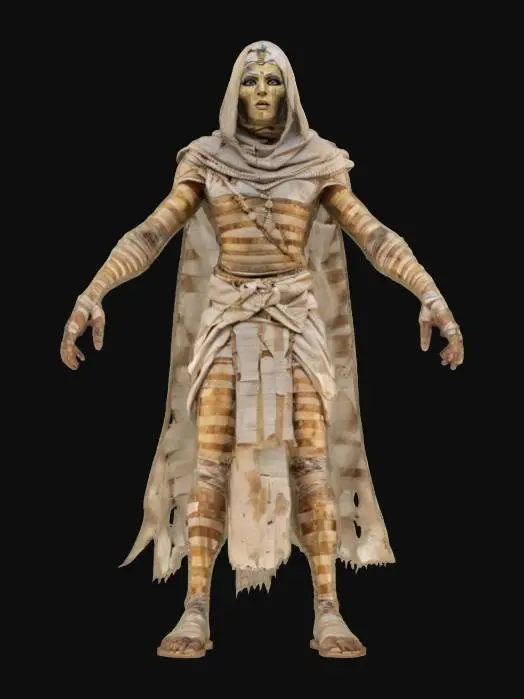 3D model for fantasy Egyptian mummy, thin body wrapped in bandages, fierce expression on face, arms stretched and reaching forward, in attack, ends of bandages fluttering around, may also have a mask or something in his hand, extremely details, high resolution texture, epic stance, #AroundTheWorld#