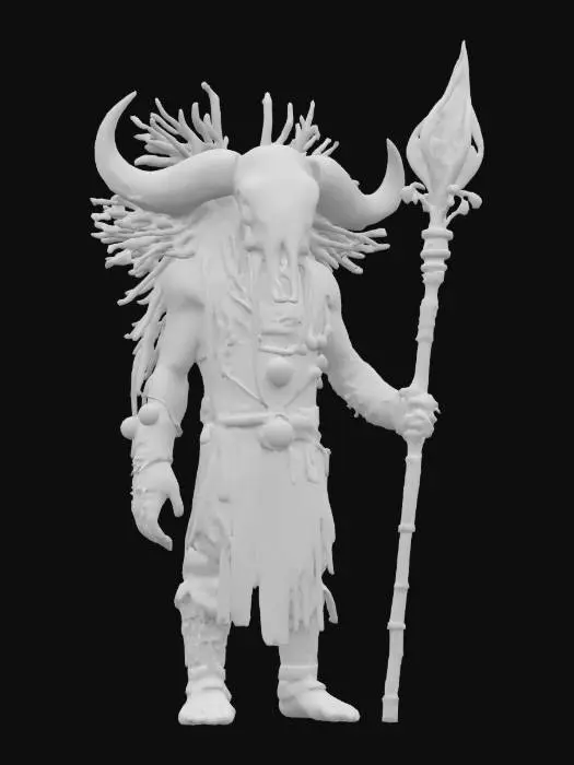 3D model for fantasy cyber shaman as a shapeless mass, body made of clay and branches, buffalo skull on his head, metal sci-fi glowing staff in his hand, detailed gloomy face, amulets hanging from his body, extremely detailed, high resolution texture, epic stance, #AroundTheWorld#