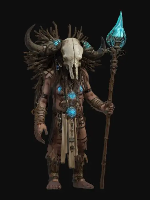 3D model for fantasy cyber shaman as a shapeless mass, body made of clay and branches, buffalo skull on his head, metal sci-fi glowing staff in his hand, detailed gloomy face, amulets hanging from his body, extremely detailed, high resolution texture, epic stance, #AroundTheWorld#