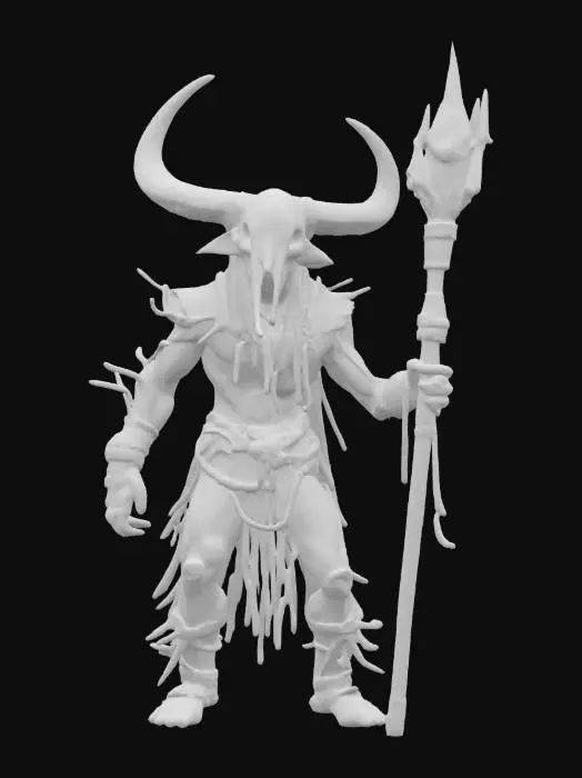 3D model for fantasy cyber shaman as a shapeless mass, body made of clay and branches, buffalo skull on his head, metal sci-fi glowing staff in his hand, detailed gloomy face, amulets hanging from his body, extremely detailed, high resolution texture, epic stance, #AroundTheWorld#