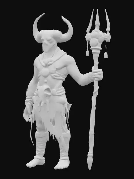 3D model for fantasy cyber shaman as a shapeless mass, body made of clay and branches, buffalo skull on his head, metal sci-fi glowing staff in his hand, detailed gloomy face, amulets hanging from his body, extremely detailed, high resolution texture, epic stance, #AroundTheWorld#