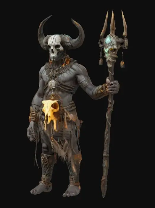 3D model for fantasy cyber shaman as a shapeless mass, body made of clay and branches, buffalo skull on his head, metal sci-fi glowing staff in his hand, detailed gloomy face, amulets hanging from his body, extremely detailed, high resolution texture, epic stance, #AroundTheWorld#