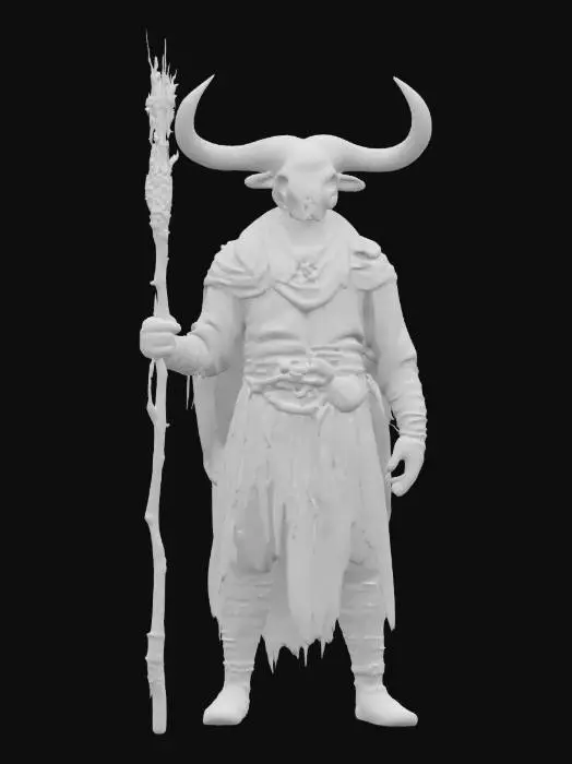 3D model for fantasy cyber shaman as a shapeless mass, body made of clay and branches, buffalo skull on his head, metal sci-fi glowing staff in his hand, detailed gloomy face, amulets hanging from his body, extremely detailed, high resolution texture, epic stance, #AroundTheWorld#