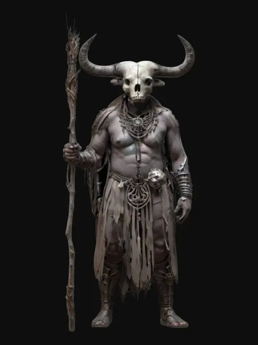 3D model for fantasy cyber shaman as a shapeless mass, body made of clay and branches, buffalo skull on his head, metal sci-fi glowing staff in his hand, detailed gloomy face, amulets hanging from his body, extremely detailed, high resolution texture, epic stance, #AroundTheWorld#
