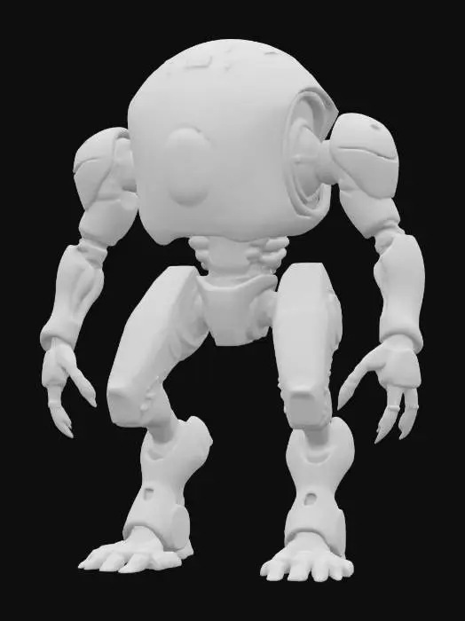 3D model for sci-fi utopian robot monster from another world, body consists of a single ball with a seated head and limbs, has a metal mask over his face, has various devices on his body, extremely detailed, high resolution texture, epic stance