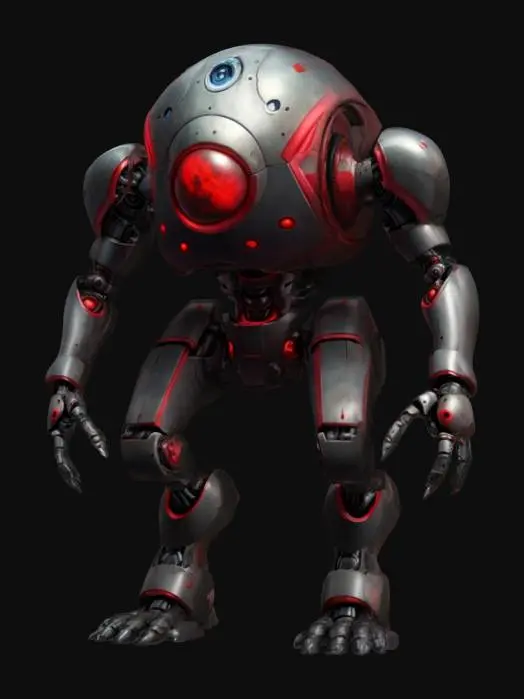 3D model for sci-fi utopian robot monster from another world, body consists of a single ball with a seated head and limbs, has a metal mask over his face, has various devices on his body, extremely detailed, high resolution texture, epic stance