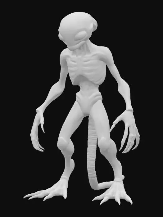 3D model for fantasy alien intelligent monster, graceful slender body, several limbs with many fingers up to the forearm, dressed in a clinging metal-plastic suit, massive head unlike any entity, detailed face with large dark eyes, extremely detailed, high resolution texture, epic stance, #AroundTheWorld#