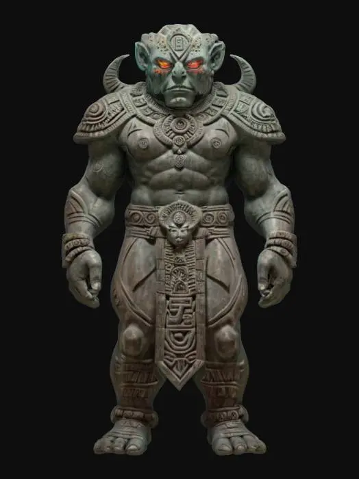 3D model for fantasy aztec stone elemental, massive body made of shaped stone, marks on the body in aztec colors, detailed menacing face with glowing eyes, extremely detailed, high resolution texture, epic image, #AroundTheWorld#