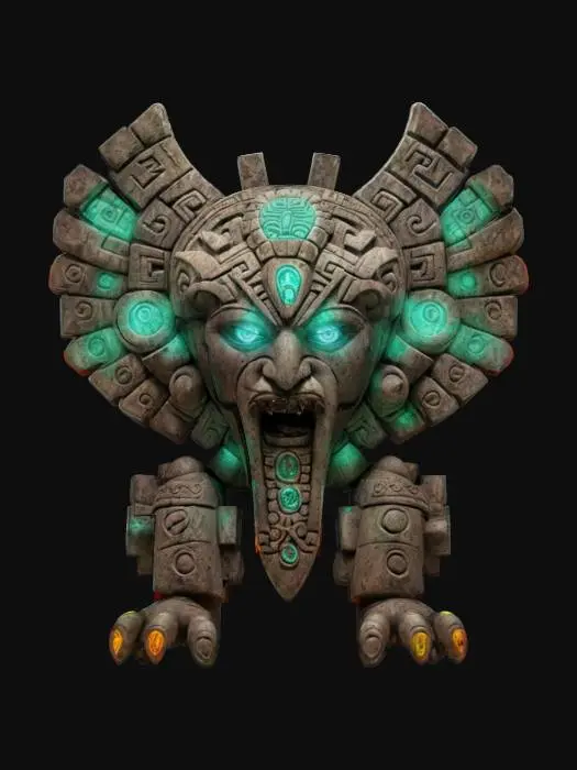 3D model for fantasy aztec stone elemental, massive body made of shaped stone, marks on the body in aztec colors, detailed menacing face with glowing eyes, extremely detailed, high resolution texture, epic image, #AroundTheWorld#
