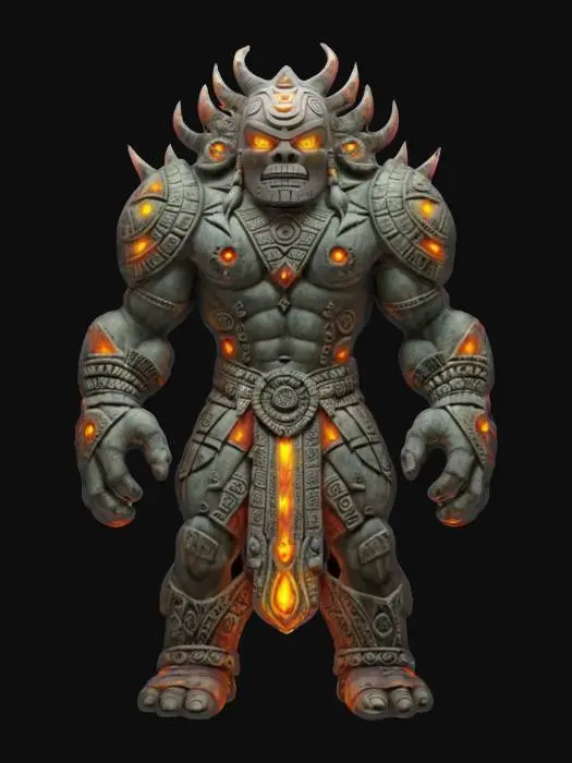 3D model for fantasy aztec stone elemental, massive body made of shaped stone, marks on the body in aztec colors, detailed menacing face with glowing eyes, extremely detailed, high resolution texture, epic image, #AroundTheWorld#