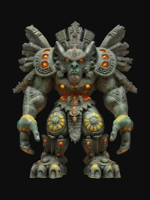 3D model for fantasy aztec stone elemental, massive body made of shaped stone, marks on the body in aztec colors, detailed menacing face with glowing eyes, extremely detailed, high resolution texture, epic image, #AroundTheWorld#