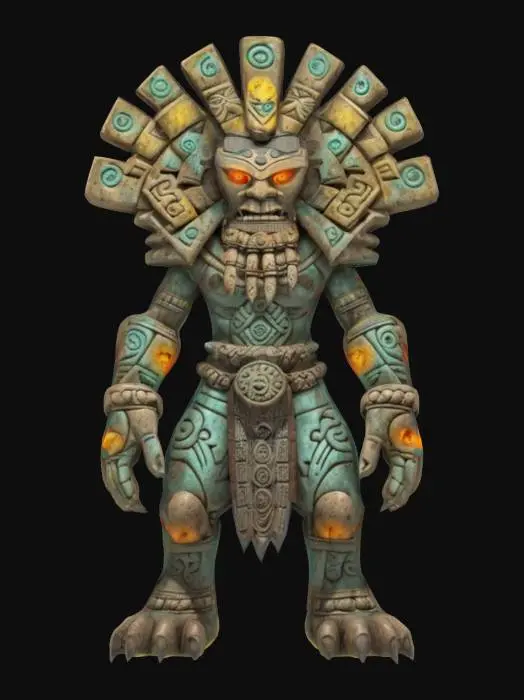 3D model for fantasy aztec stone elemental, massive body made of shaped stone, marks on the body in aztec colors, detailed menacing face with glowing eyes, extremely detailed, high resolution texture, epic image, #AroundTheWorld#