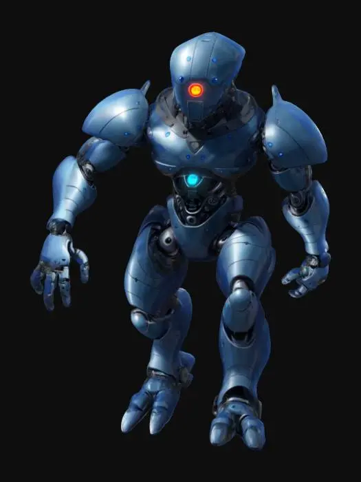 3D model for sci-fi utopian robotic monster, body consists of a single sphere with limbs, has a metal mask over his face, has various devices on his body, holds energy weapon in one hand, extremely detailed, high resolution texture, epic stance