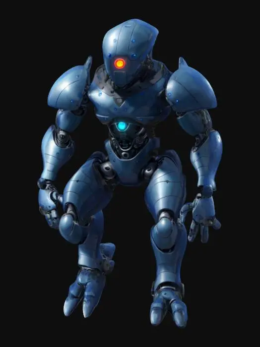 3D model for sci-fi utopian robotic monster, body consists of a single sphere with limbs, has a metal mask over his face, has various devices on his body, holds energy weapon in one hand, extremely detailed, high resolution texture, epic stance
