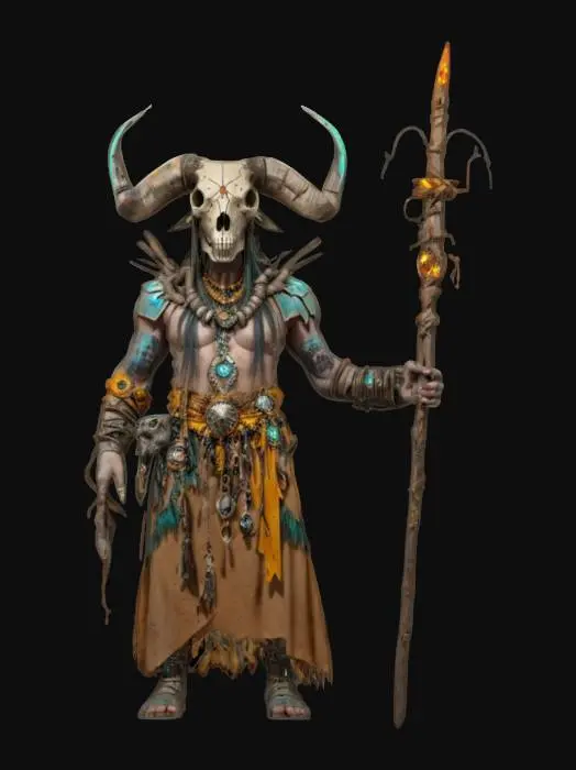3D model for fantasy cyber shaman as a shapeless mass, body made of clay and branches, buffalo skull on his head, metal sci-fi glowing staff in his hand, detailed gloomy face, amulets hanging from his body, extremely detailed, high resolution texture, epic stance, #AroundTheWorld#