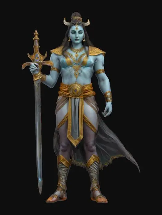 3D model for fantasy mythical warrior Shiva, elegant graceful body, dressed in an elegant tunic, sword in hand, the figure radiates calm and peace, detailed beautiful face, groomed hair, extremely detailed, high resolution texture, epic stance, #AroundTheWorld#
