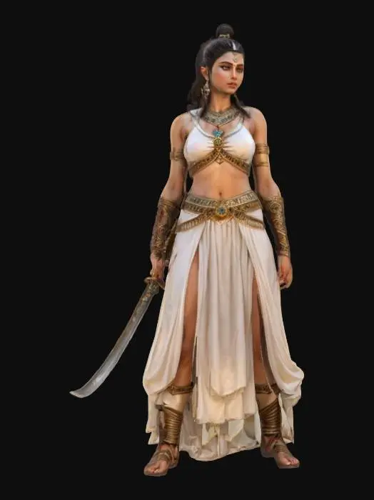 3D model for fantasy mythical female warrior Shiva, elegant graceful body, dressed in an elegant tunic, sword in hand, the figure radiates calm and peace, detailed beautiful face, groomed hair, extremely detailed, high resolution texture, epic stance, #AroundTheWorld#